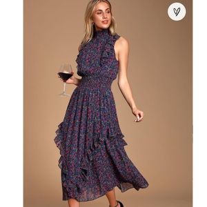 Lulus evalina navy floral mock neck midi dress